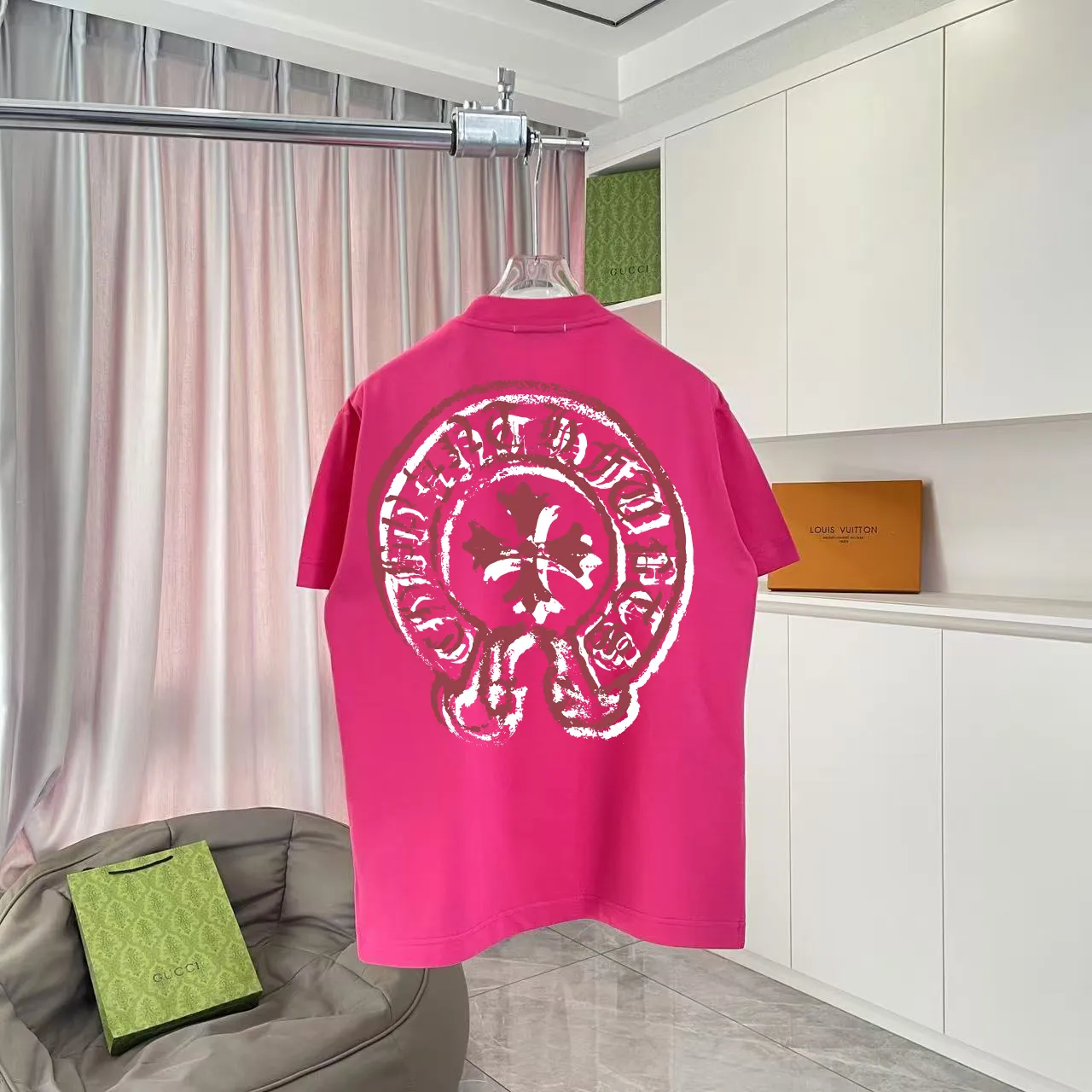 🅿️170 ch Cro* 2025 summer new style Sanskrit cross horseshoe print short-sleeved T-shirt customized fabric 300g same style for men and women Size: S M L XL XXL five sizes Color: black white rose red iron gray
